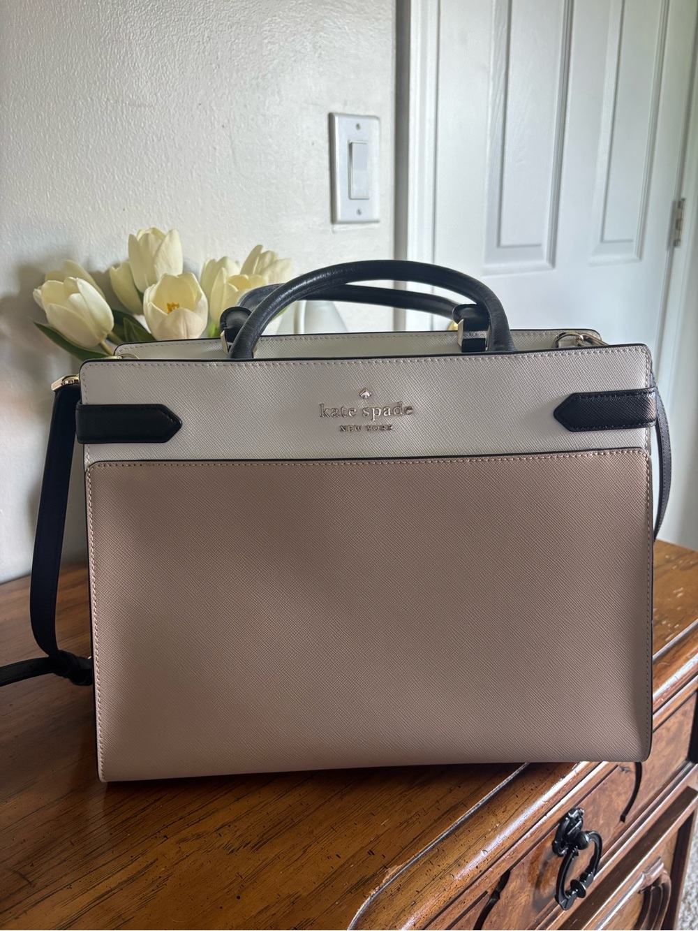 kate spade two-tone cream & blush leather satchel